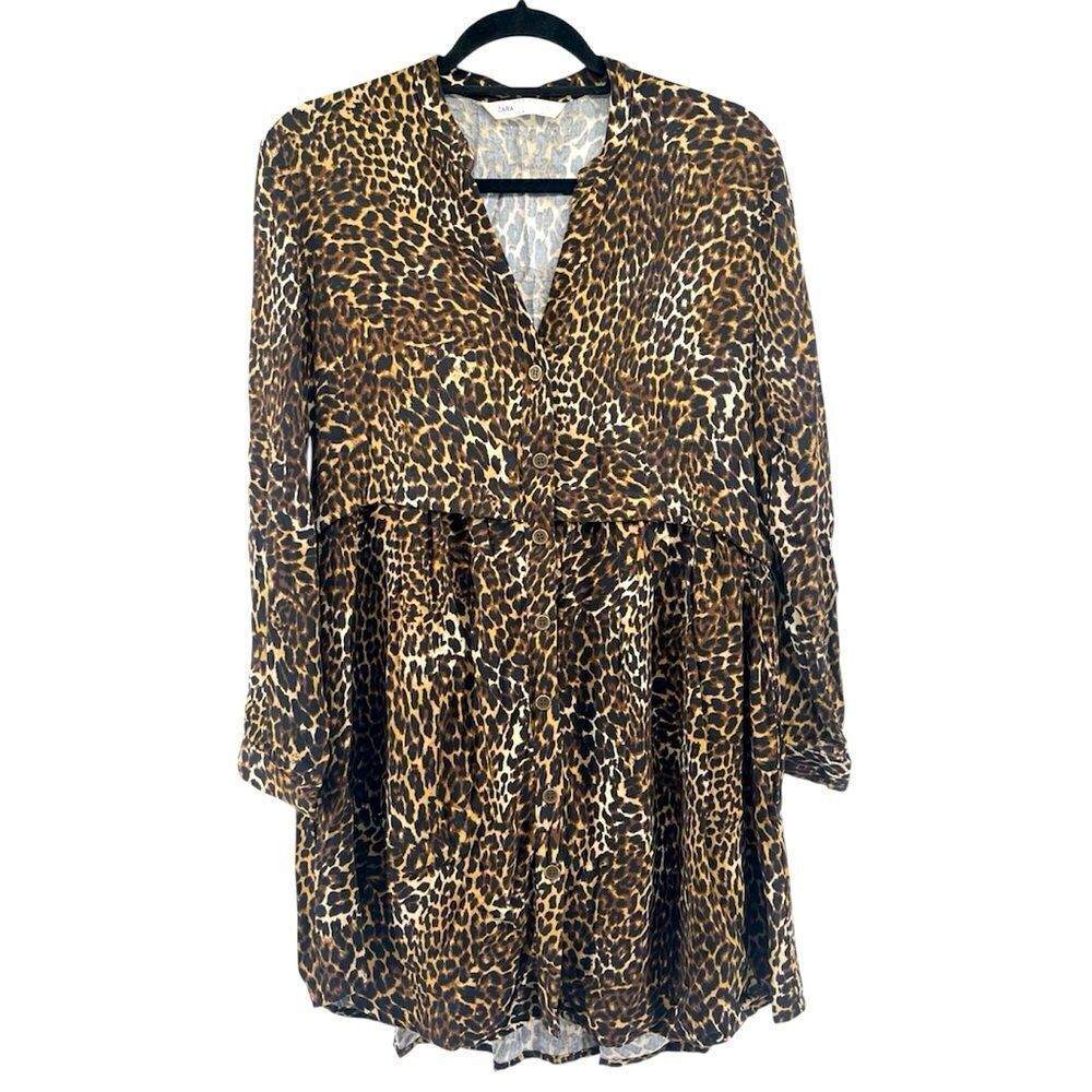 Zara Z1975 Leopard Print Babydoll Dress Women’s Small Button Front Long Sleeve